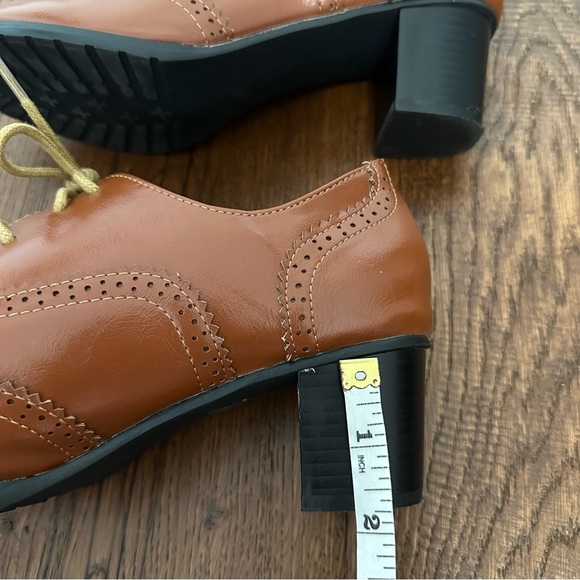 ODEMA Brown Brogue Lace Up Oxford Wing Tip Chunky Heels Patent Leather Shoes 8.5 - Picture 6 of 7